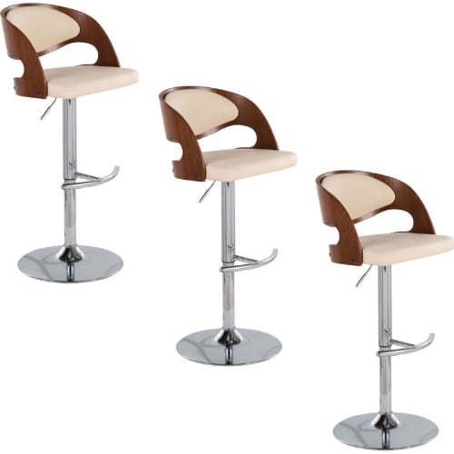 Pino Adjustable Swivel Bar Stool in Chrome, Walnut Wood & Cream Leatherette (Set of 3)